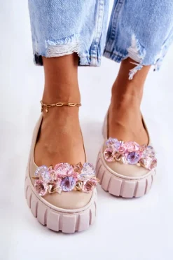 Skórzane Baleriny Na Platformie Z Kolorową Ozdobą Beżowe Ladette