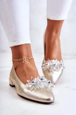Skórzane Baleriny Z Elegancką Ozdobą Złote Millany