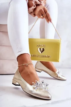 Skórzane Baleriny Z Elegancką Ozdobą Złote Millany