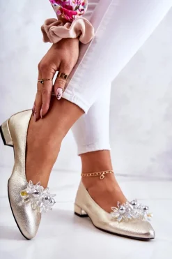 Skórzane Baleriny Z Elegancką Ozdobą Złote Millany