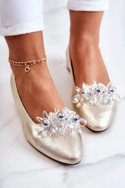 Skórzane Baleriny Z Elegancką Ozdobą Złote Millany