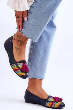 Skórzane Baleriny Z Frędzlami Maciejka 04016-17 Granatowe