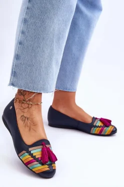 Skórzane Baleriny Z Frędzlami Maciejka 04016-17 Granatowe