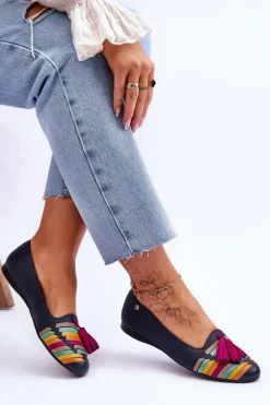 Skórzane Baleriny Z Frędzlami Maciejka 04016-17 Granatowe