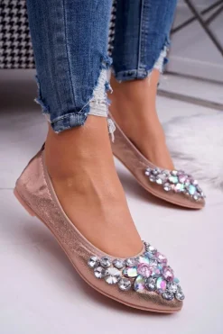 Skórzane Baleriny z Kamieniami Różowe Złoto Crystal