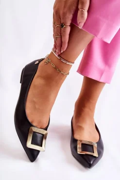 Skórzane Baleriny Z Ozdobą W Szpic Czarno-Złote Simone