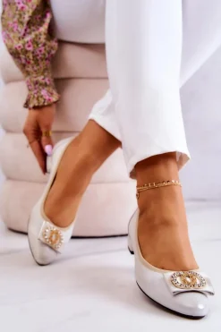 Skórzane Baleriny Z Ozdobą Biało-Złote Joliet