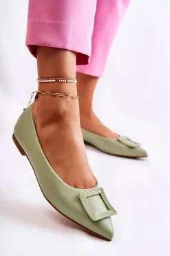 Skórzane Baleriny Z Ozdobą W Szpic Zielone Simone