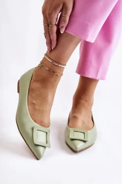 Skórzane Baleriny Z Ozdobą W Szpic Zielone Simone