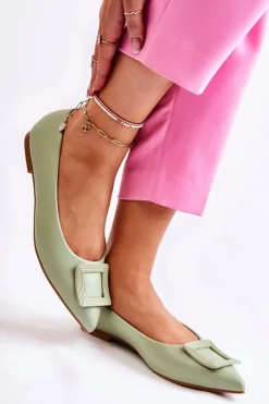 Skórzane Baleriny Z Ozdobą W Szpic Zielone Simone