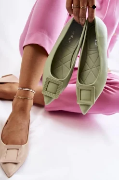 Skórzane Baleriny Z Ozdobą W Szpic Zielone Simone