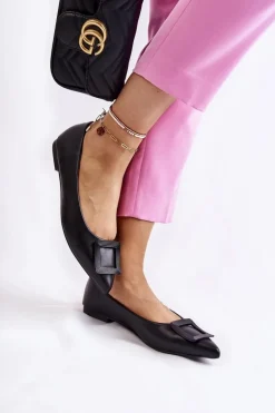 Skórzane Baleriny Z Ozdobą W Szpic Czarne Simone