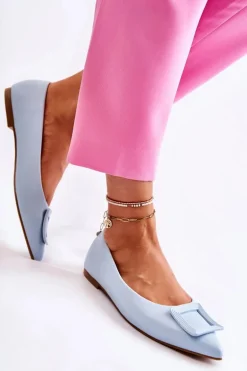 Skórzane Baleriny Z Ozdobą W Szpic Niebieskie Simone