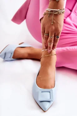 Skórzane Baleriny Z Ozdobą W Szpic Niebieskie Simone