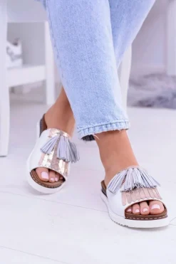 Skórzane Białe Eleganckie Klapki Maciejka Resto