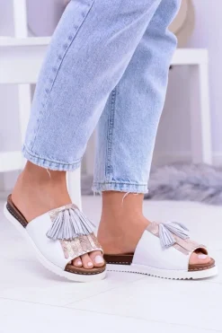 Skórzane Białe Eleganckie Klapki Maciejka Resto