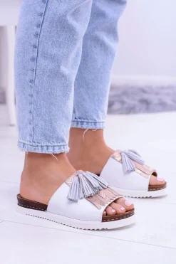 Skórzane Białe Eleganckie Klapki Maciejka Resto