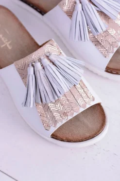 Skórzane Białe Eleganckie Klapki Maciejka Resto