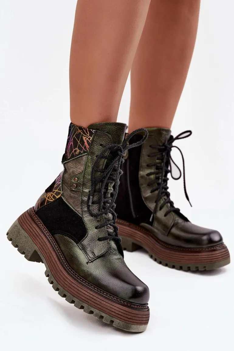 Skórzane Botki Damskie Na Platformie Maciejka 07104-09 Ciemnozielone