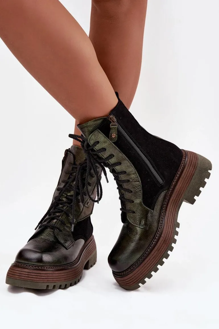 Skórzane Botki Damskie Na Platformie Maciejka 07104-09 Ciemnozielone