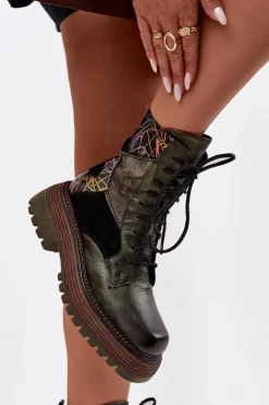 Skórzane Botki Damskie Na Platformie Maciejka 07104-09 Ciemnozielone