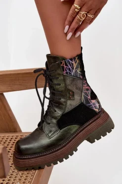 Skórzane Botki Damskie Na Platformie Maciejka 07104-09 Ciemnozielone