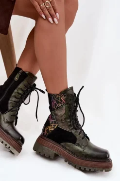 Skórzane Botki Damskie Na Platformie Maciejka 07104-09 Ciemnozielone