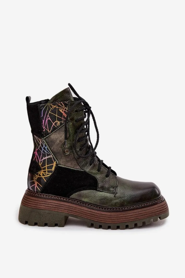 Skórzane Botki Damskie Na Platformie Maciejka 07104-09 Ciemnozielone