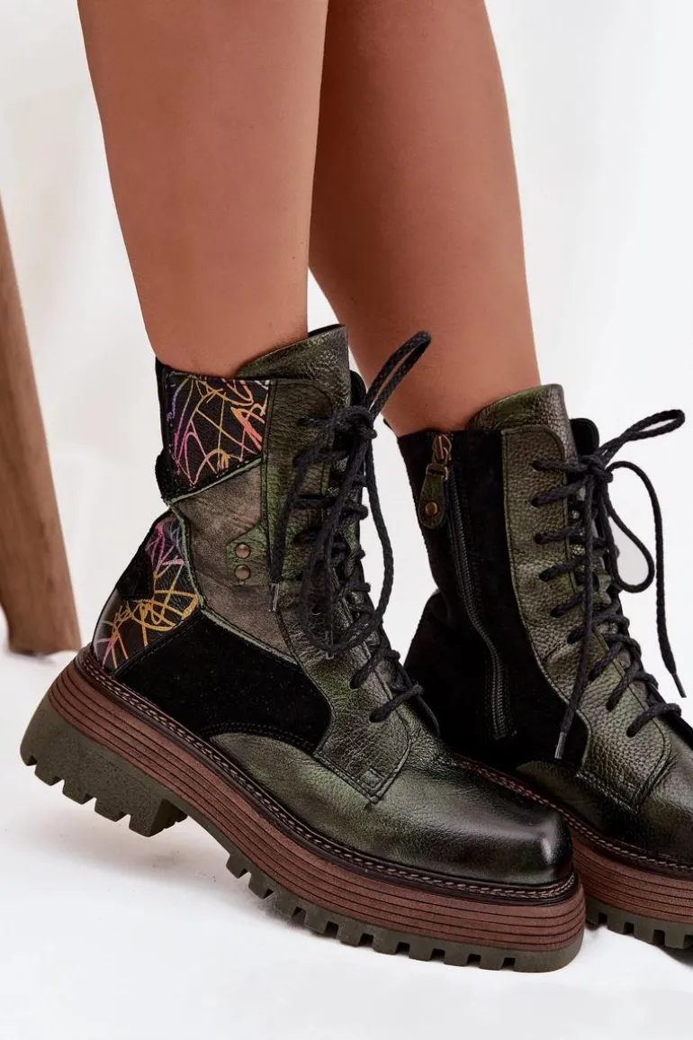 Skórzane Botki Damskie Na Platformie Maciejka 07104-09 Ciemnozielone