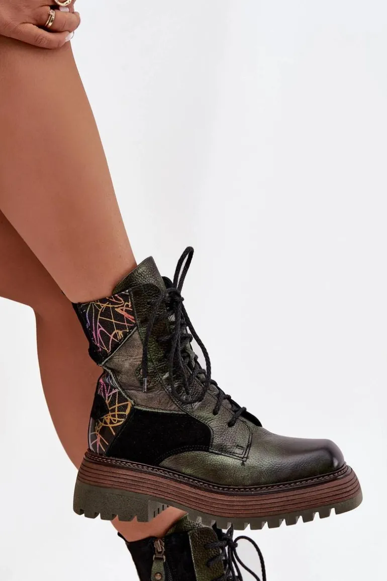 Skórzane Botki Damskie Na Platformie Maciejka 07104-09 Ciemnozielone