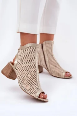 Skórzane Botki Damskie Na Obcasie Z Odkrytą Piętą Maciejka 06899-25 Złoto-Beżowe
