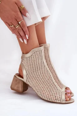 Skórzane Botki Damskie Na Obcasie Z Odkrytą Piętą Maciejka 06899-25 Złoto-Beżowe