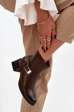 Skórzane Botki Damskie Na Obcasie Z Klamrą Zazoo 60562 Czekoladowe