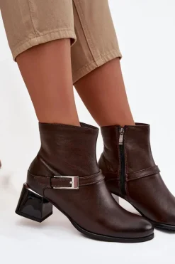 Skórzane Botki Damskie Na Obcasie Z Klamrą Zazoo 60562 Czekoladowe