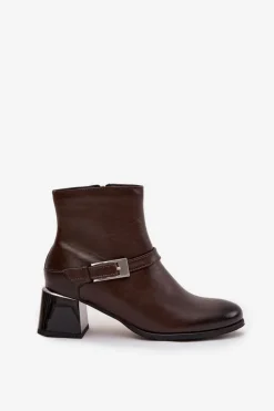 Skórzane Botki Damskie Na Obcasie Z Klamrą Zazoo 60562 Czekoladowe