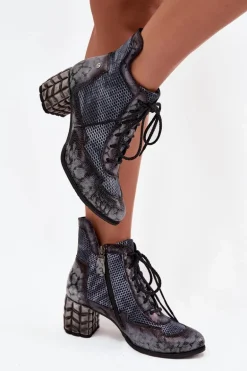 Skórzane Botki Damskie Na Słupku Maciejka 06989-03 Szare