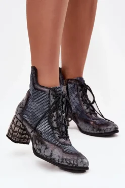 Skórzane Botki Damskie Na Słupku Maciejka 06989-03 Szare