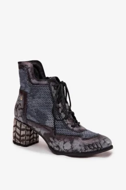 Skórzane Botki Damskie Na Słupku Maciejka 06989-03 Szare