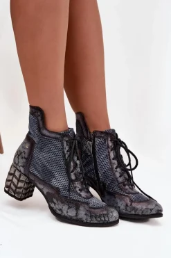 Skórzane Botki Damskie Na Słupku Maciejka 06989-03 Szare