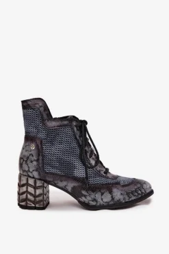 Skórzane Botki Damskie Na Słupku Maciejka 06989-03 Szare