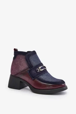 Skórzane Botki Damskie Na Masywnym Obcasie Z Ozdobą Maciejka A6747-23 Bordowo-Granatowe