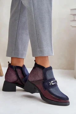 Skórzane Botki Damskie Na Masywnym Obcasie Z Ozdobą Maciejka A6747-23 Bordowo-Granatowe