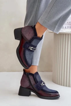 Skórzane Botki Damskie Na Masywnym Obcasie Z Ozdobą Maciejka A6747-23 Bordowo-Granatowe