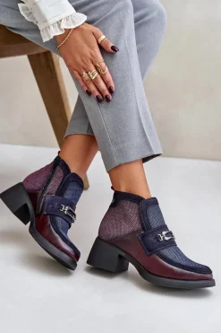 Skórzane Botki Damskie Na Masywnym Obcasie Z Ozdobą Maciejka A6747-23 Bordowo-Granatowe