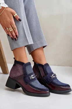 Skórzane Botki Damskie Na Masywnym Obcasie Z Ozdobą Maciejka A6747-23 Bordowo-Granatowe