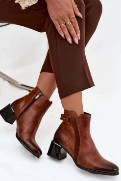 Skórzane Botki Damskie Na Obcasie Ocieplane Zazoo 60563 Brązowe