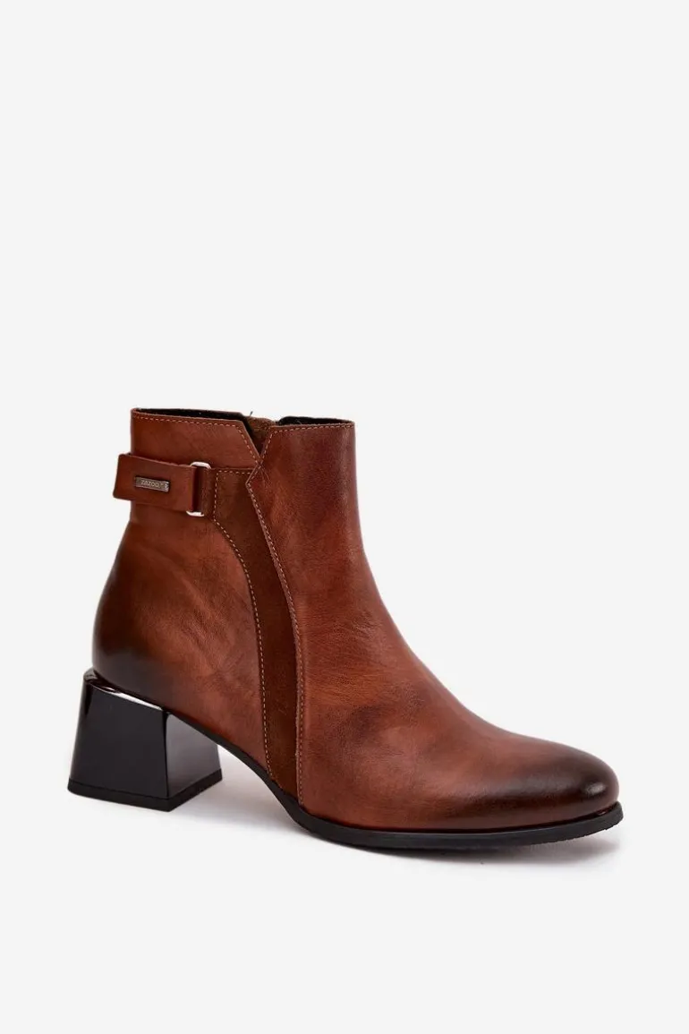 Skórzane Botki Damskie Na Obcasie Ocieplane Zazoo 60563 Brązowe