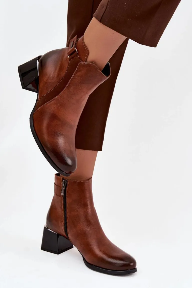 Skórzane Botki Damskie Na Obcasie Ocieplane Zazoo 60563 Brązowe