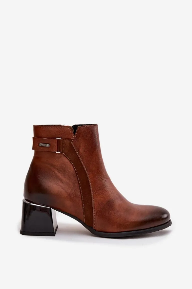Skórzane Botki Damskie Na Obcasie Ocieplane Zazoo 60563 Brązowe