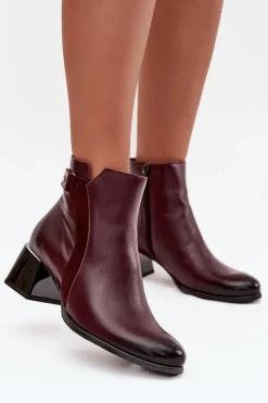 Skórzane Botki Damskie Na Obcasie Ocieplane Zazoo 60563 Bordowe